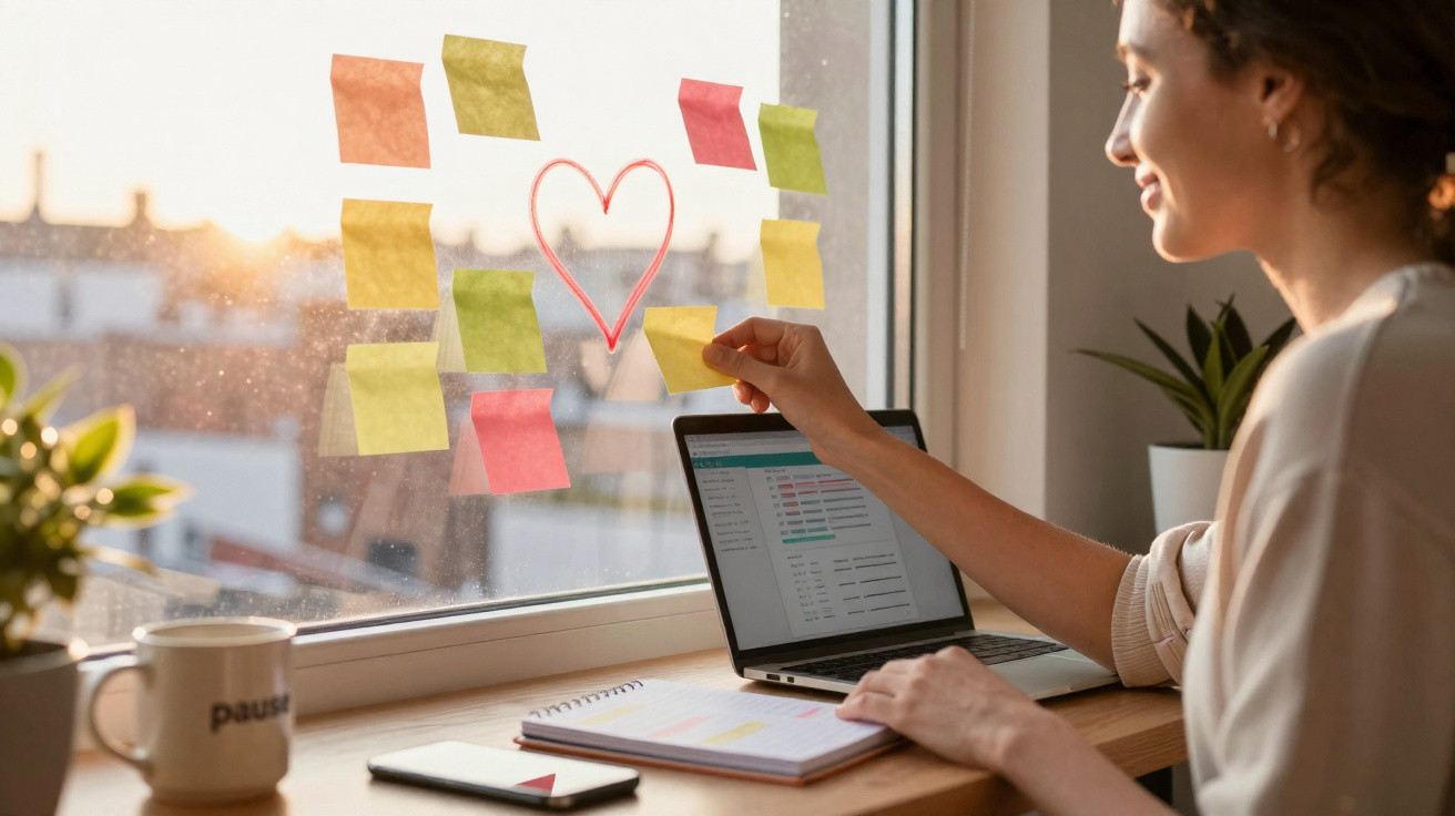 Mulher a trabalhar com post-its e coração desenhado numa janela, computador e caderno numa mesa.
