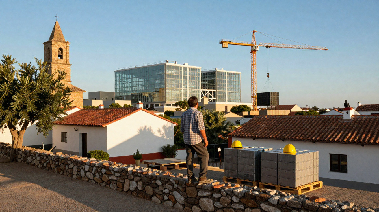 Homem de máscara observa cidade com casas tradicionais, igreja, edifício moderno e grua ao pôr do sol.