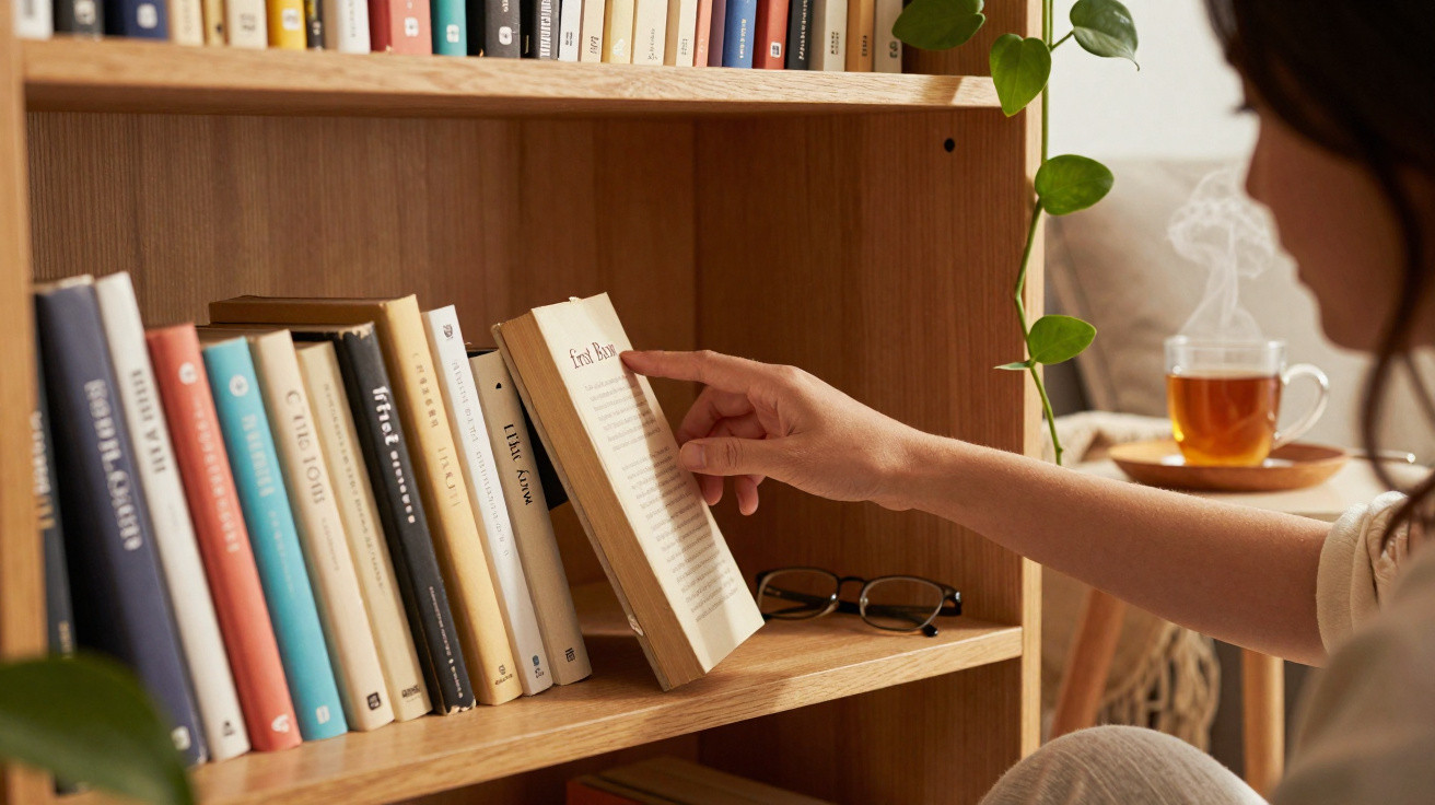Pessoa a escolher um livro numa estante de madeira com chá quente ao lado.