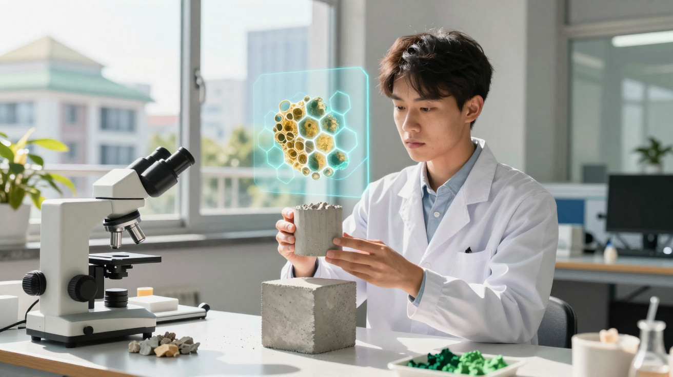 Cientista jovem em laboratório a analisar modelo digital de estrutura molecular em amostra de material.