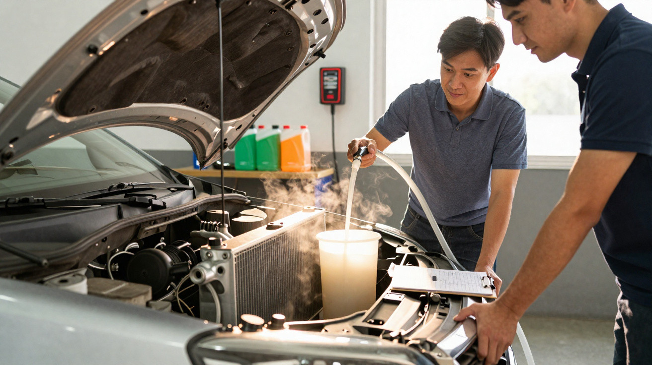 Dois homens a verificar e a adicionar fluido no motor de um carro com o capot aberto.