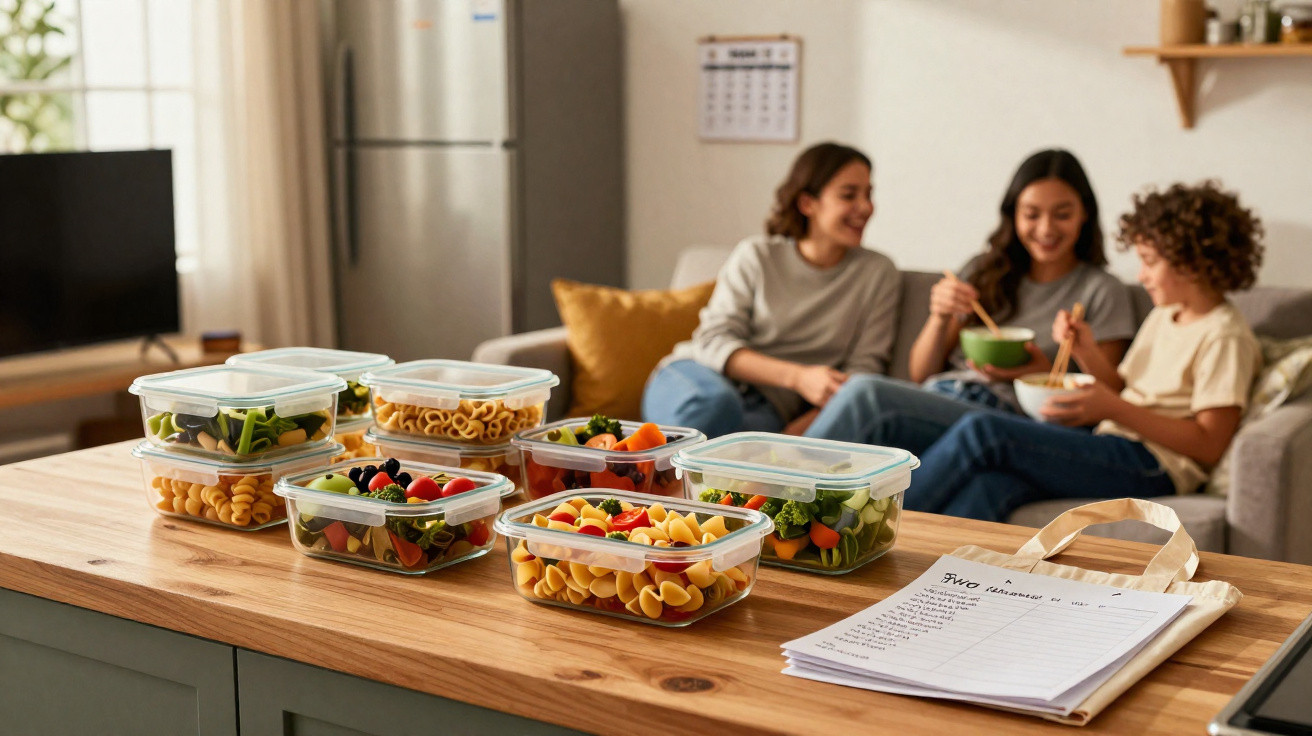 Vários recipientes com comida saudável numa cozinha com três pessoas sentadas a conversar ao fundo.
