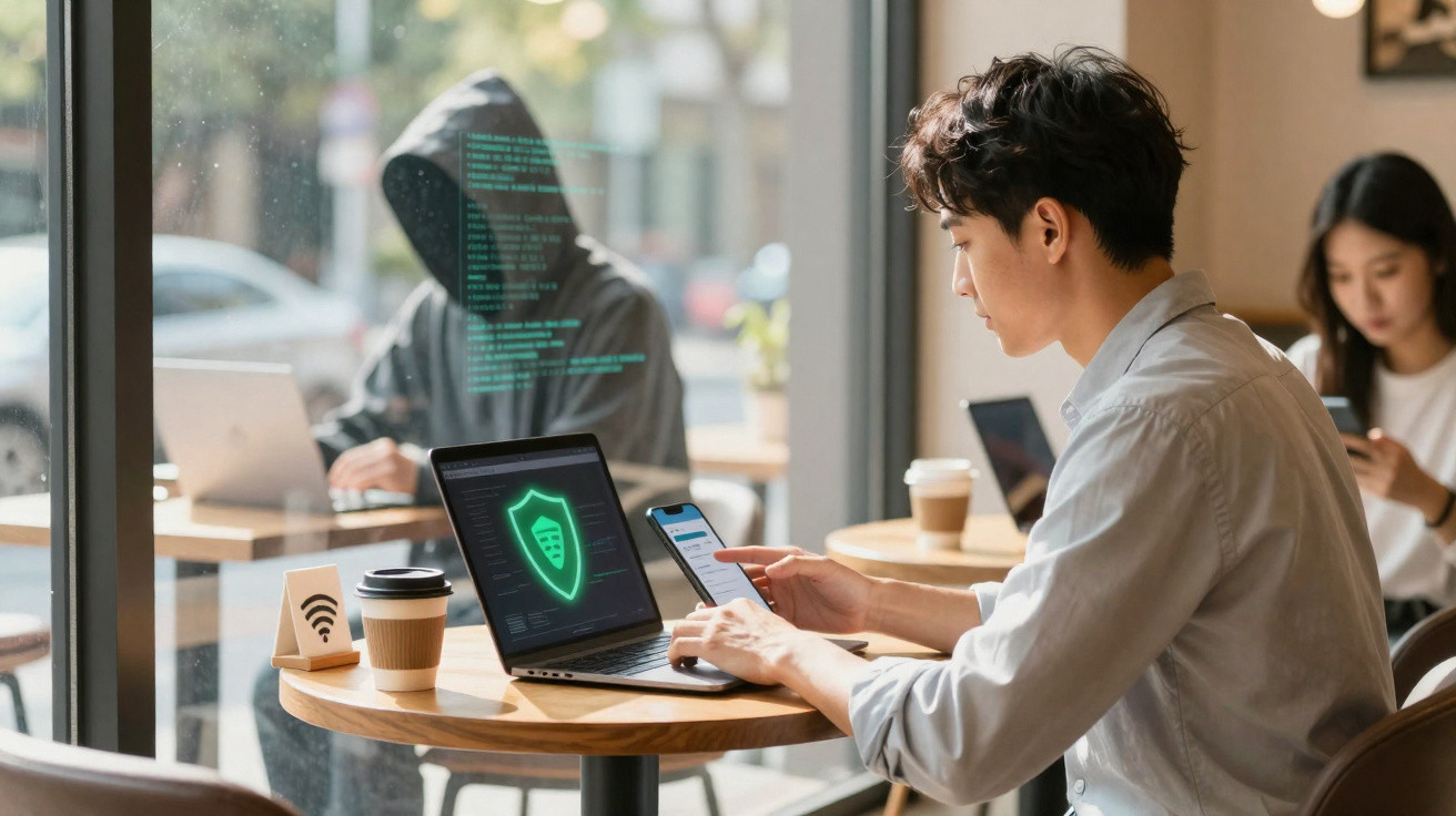 Homem numa cafetaria a usar smartphone e computador com ícone de segurança digital no ecrã.
