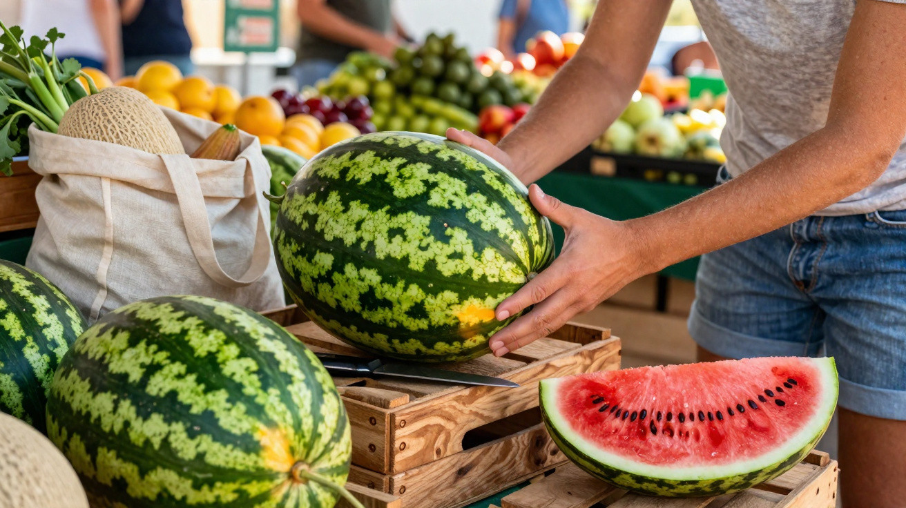 Pessoa a escolher melancia num mercado ao ar livre com várias frutas frescas à venda.