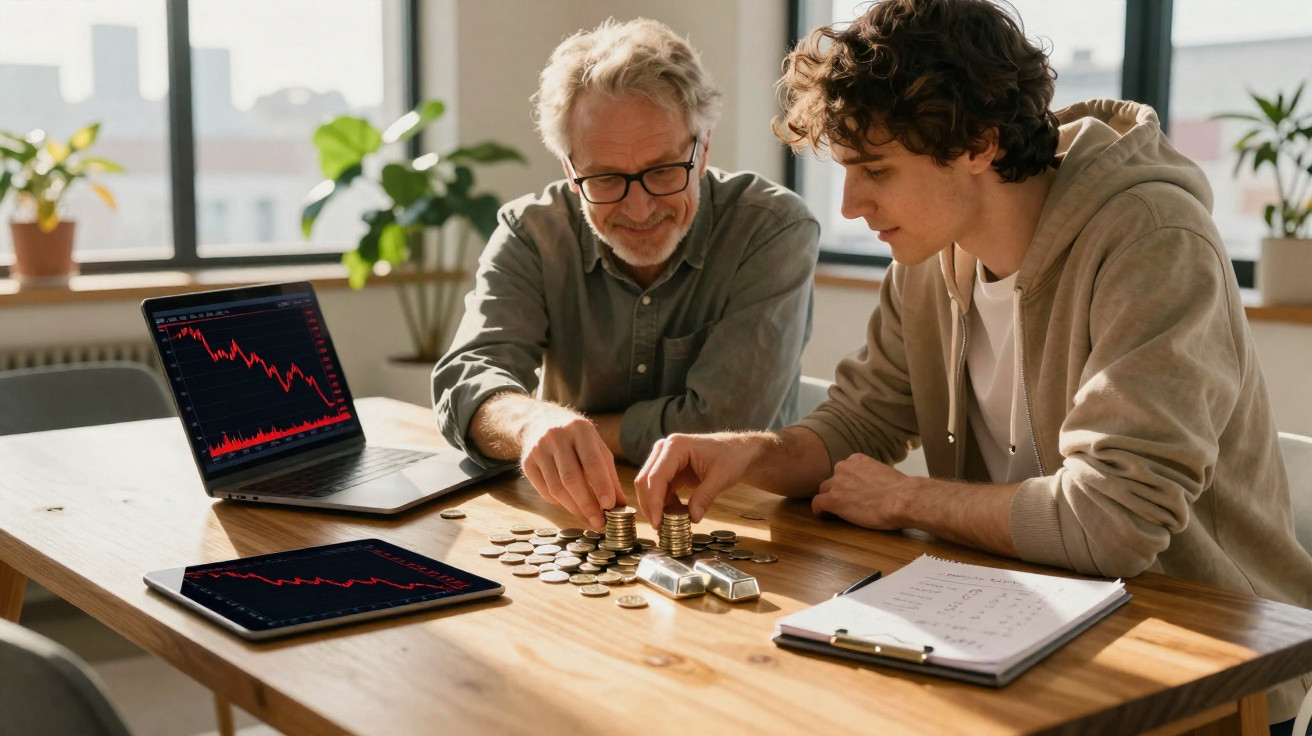 Dois homens a contar moedas e barras de prata, com gráficos financeiros em dispositivos num escritório iluminado.