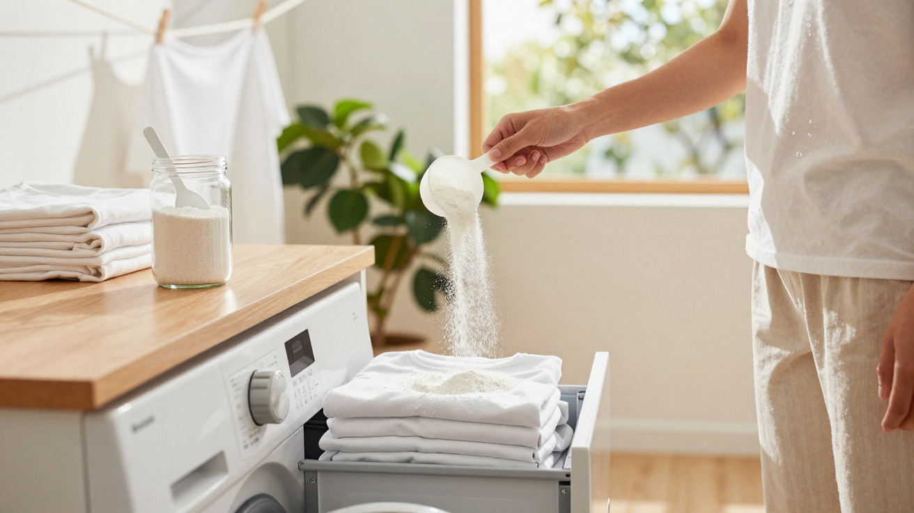 Pessoa a adicionar detergente em pó em roupa branca numa lavandaria com luz natural.
