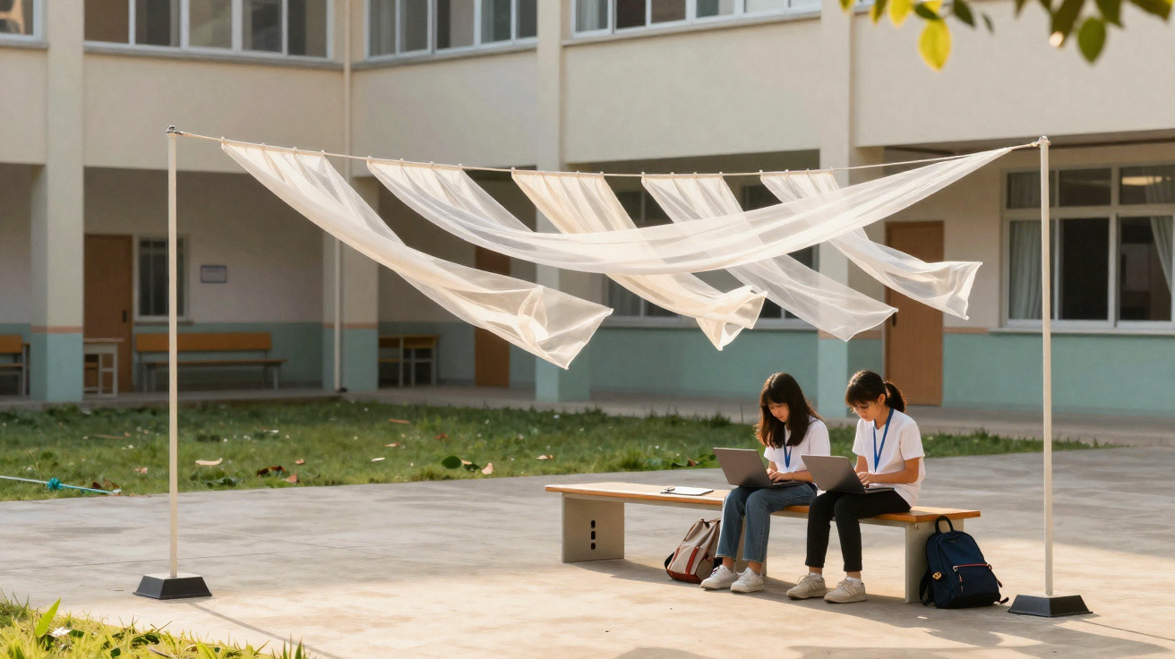 Duas estudantes sentadas ao ar livre num banco, a usar portáteis sob um toldo branco translúcido.