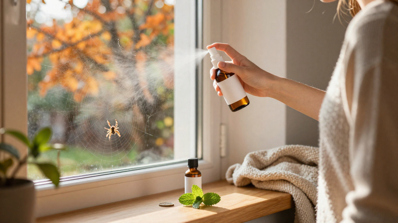Pessoa borrifa spray junto a teia de aranha na janela com folhas de hortelã e frascos sobre o peitoril.