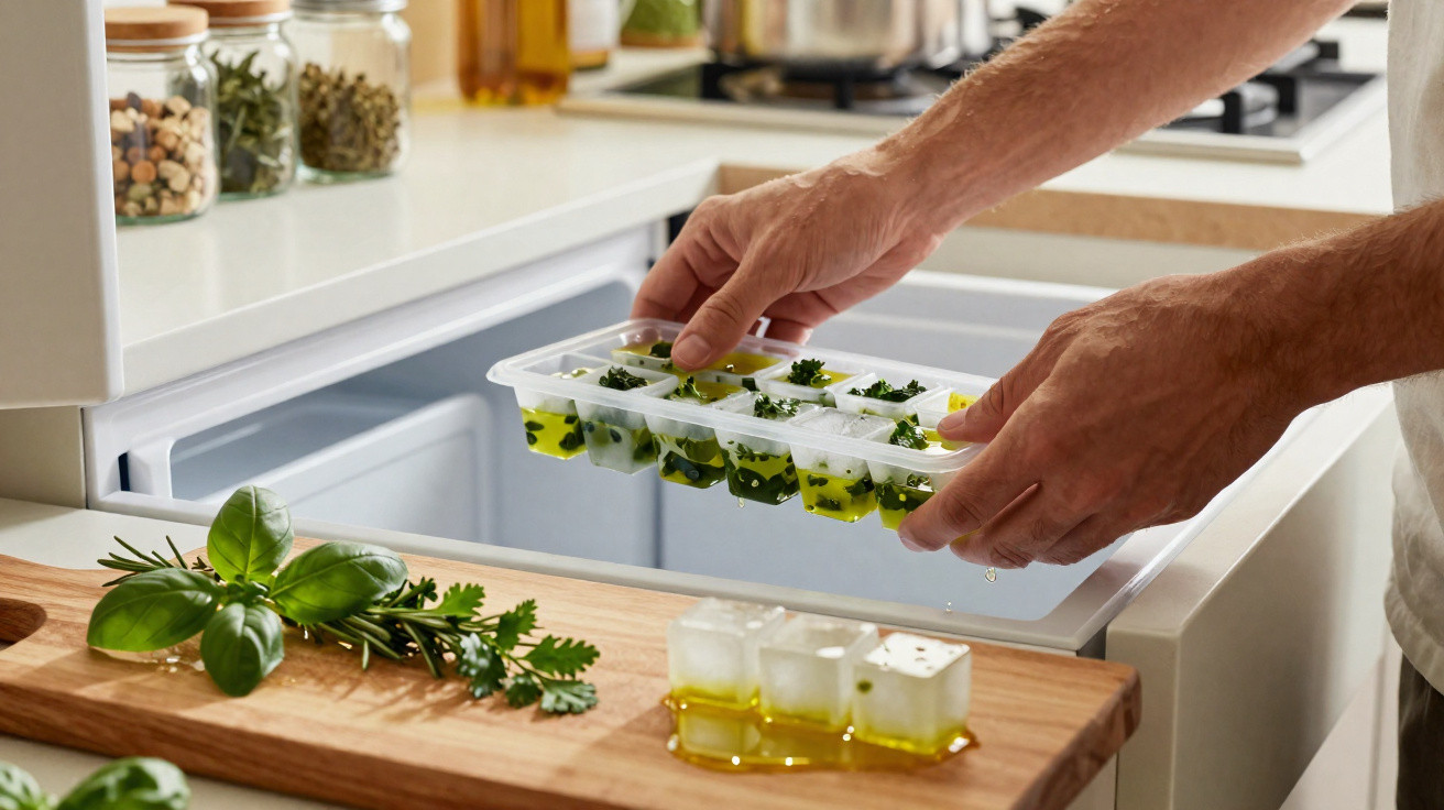 Mãos a colocar formas de gelo com azeite e ervas na arca congeladora de uma cozinha moderna.