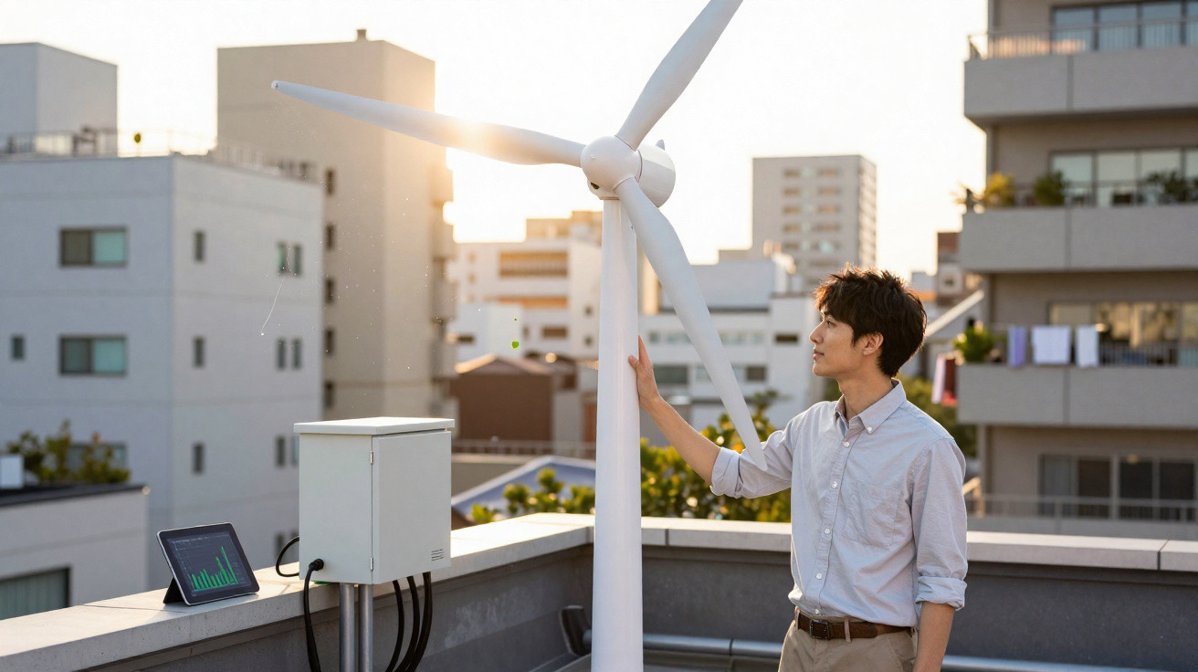 Homem observa turbina eólica numa varanda urbana ao pôr do sol com edifícios ao fundo.