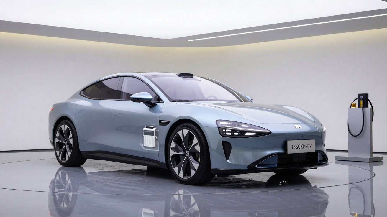 Carro elétrico cinza claro estacionado em sala minimalista com carregador elétrico ao lado.