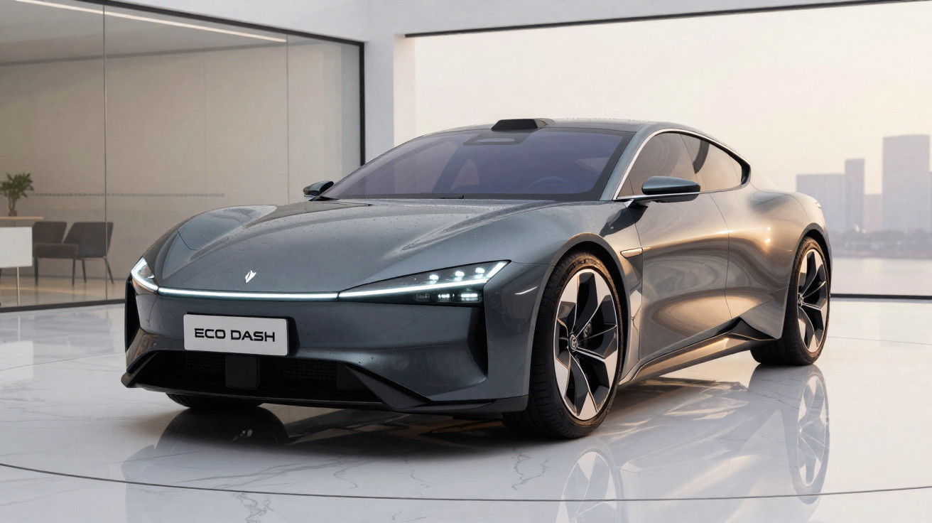 Carro elétrico desportivo cinza Eco Dash estacionado em showroom moderno com chão brilhante e vista urbana.