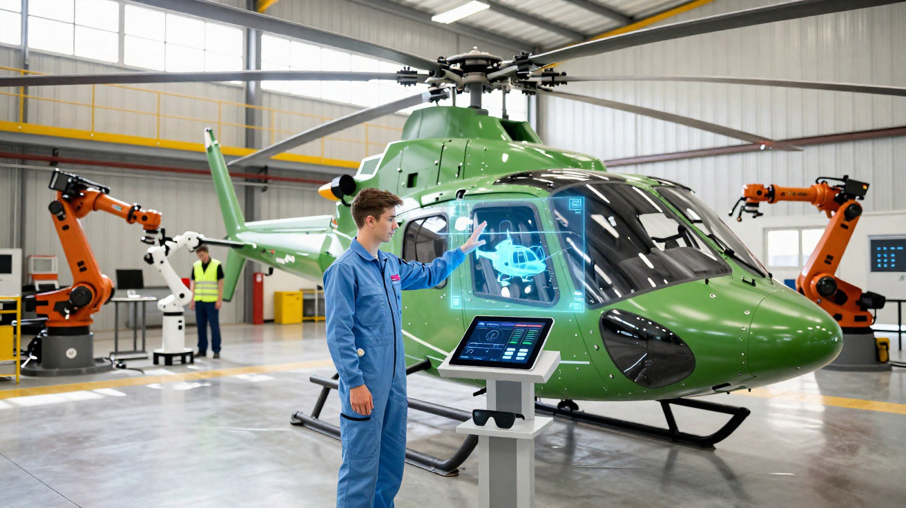 Técnico em macacão azul interage com interface digital junto a helicóptero verde numa oficina industrial moderna.