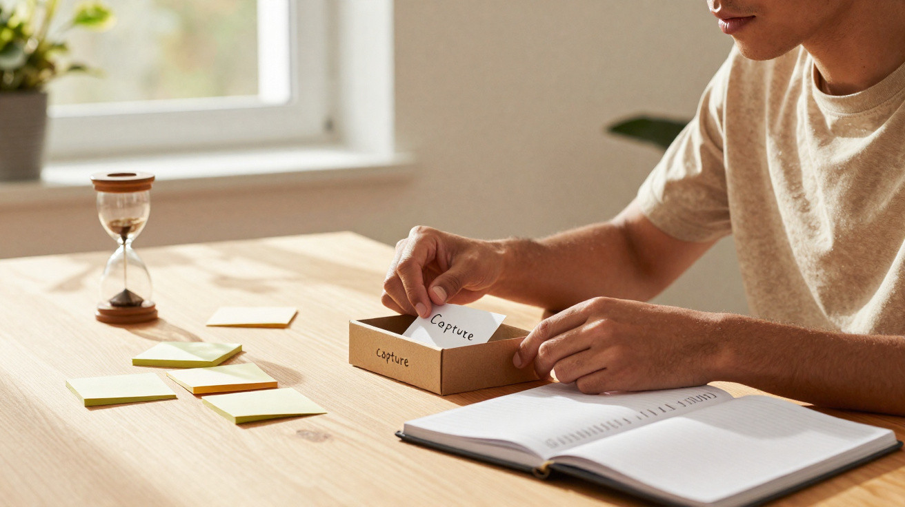 Pessoa a organizar notas numa caixa, com post-its e ampulheta numa mesa iluminada pela luz natural.