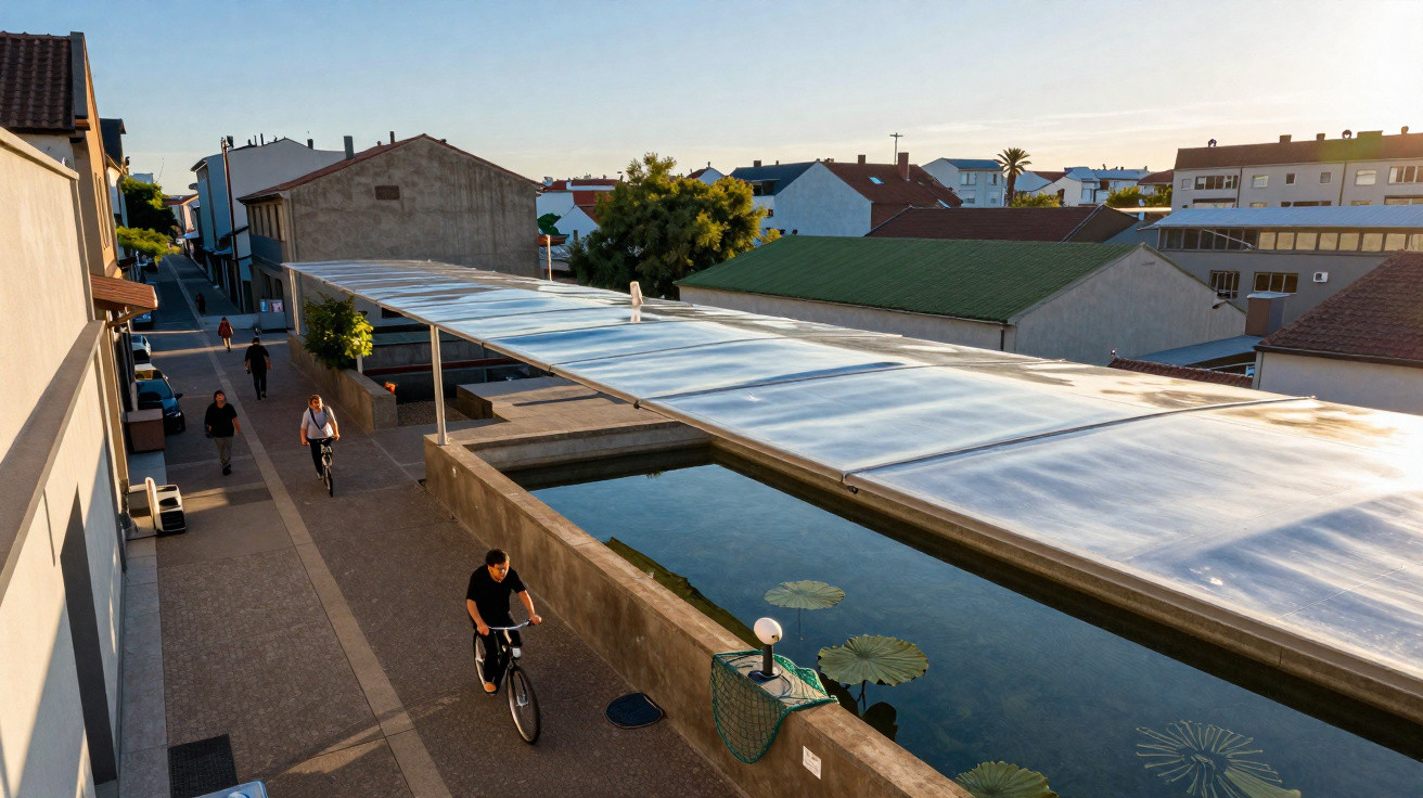 Rua com caminho para peões e ciclistas ao lado de tanque com plantas aquáticas e cobertura metálica num bairro residencial.