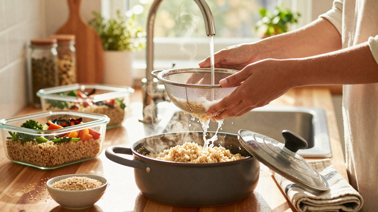 Pessoa a coar grãos de cereais cozidos numa panela na cozinha luminosa com legumes em recipientes de vidro.