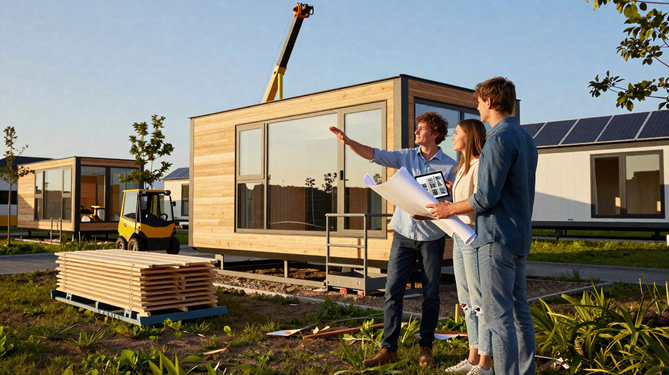 Três pessoas analisam projetos em frente a casas modulares de madeira em construção ao ar livre ao entardecer.