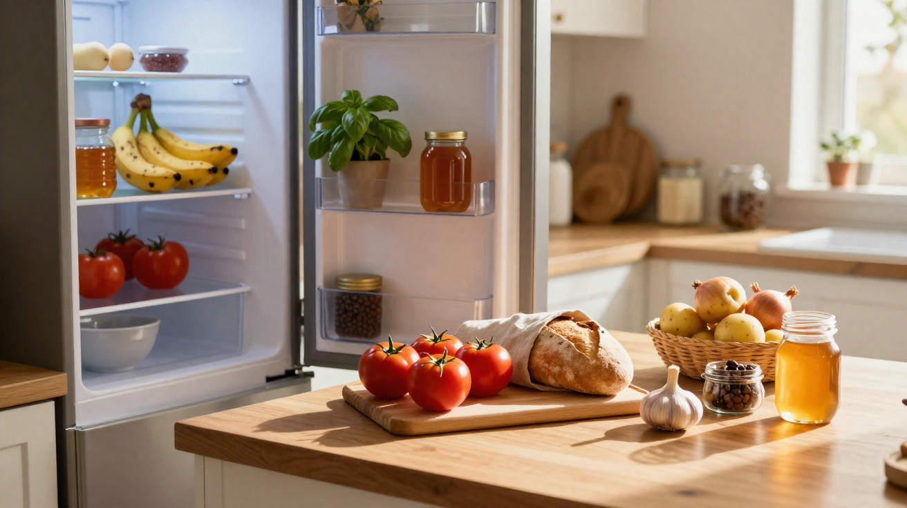 Frigorífico aberto com frutas e plantas, e bancada com tomates, pão, alho, mel e legumes numa cozinha iluminada.