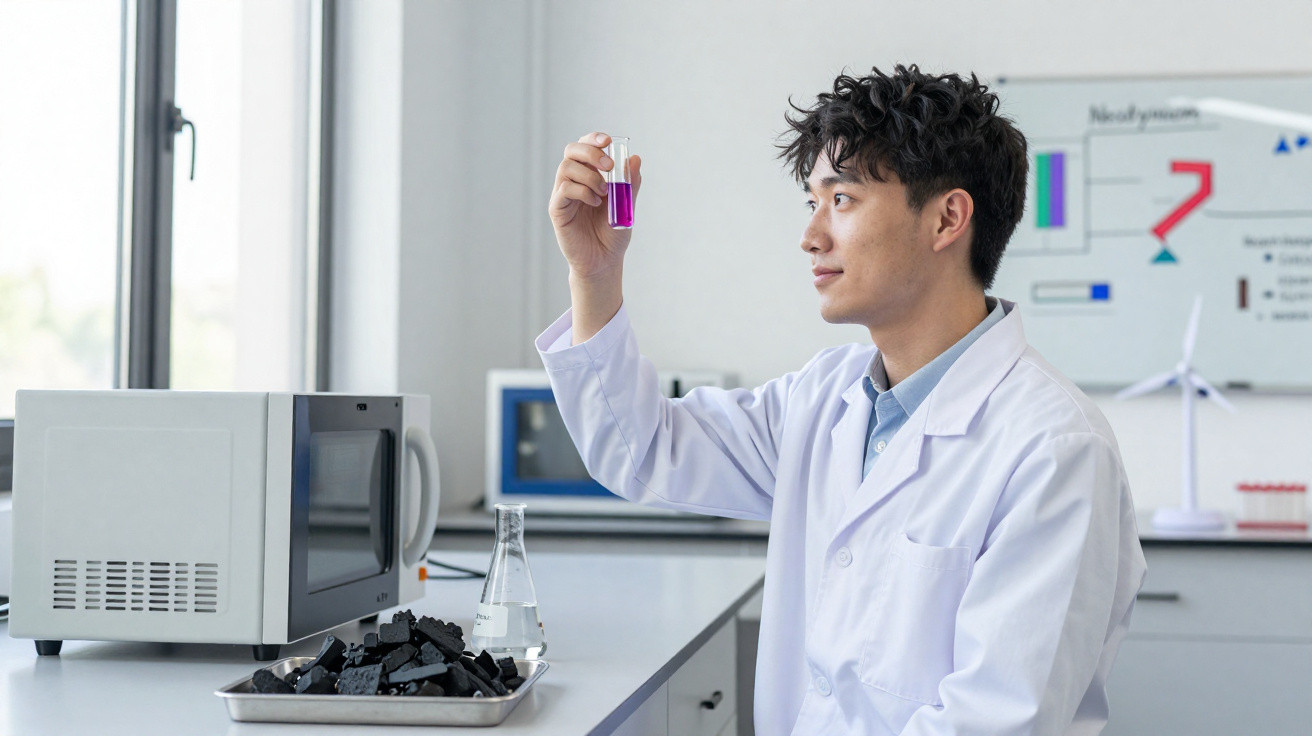 Cientista em bata branca analisa líquido roxo num tubo de ensaio num laboratório moderno.