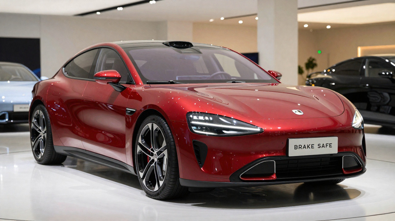Carro desportivo elétrico vermelho exposto em ambiente interior moderno com luzes LED acesas.