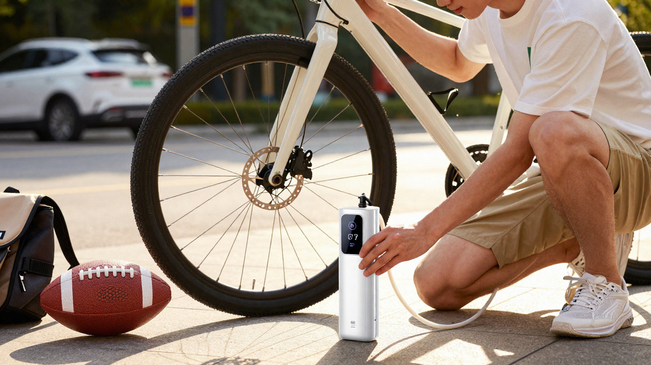 Pessoa a encher o pneu de uma bicicleta branca com um compressor portátil numa rua ensolarada.