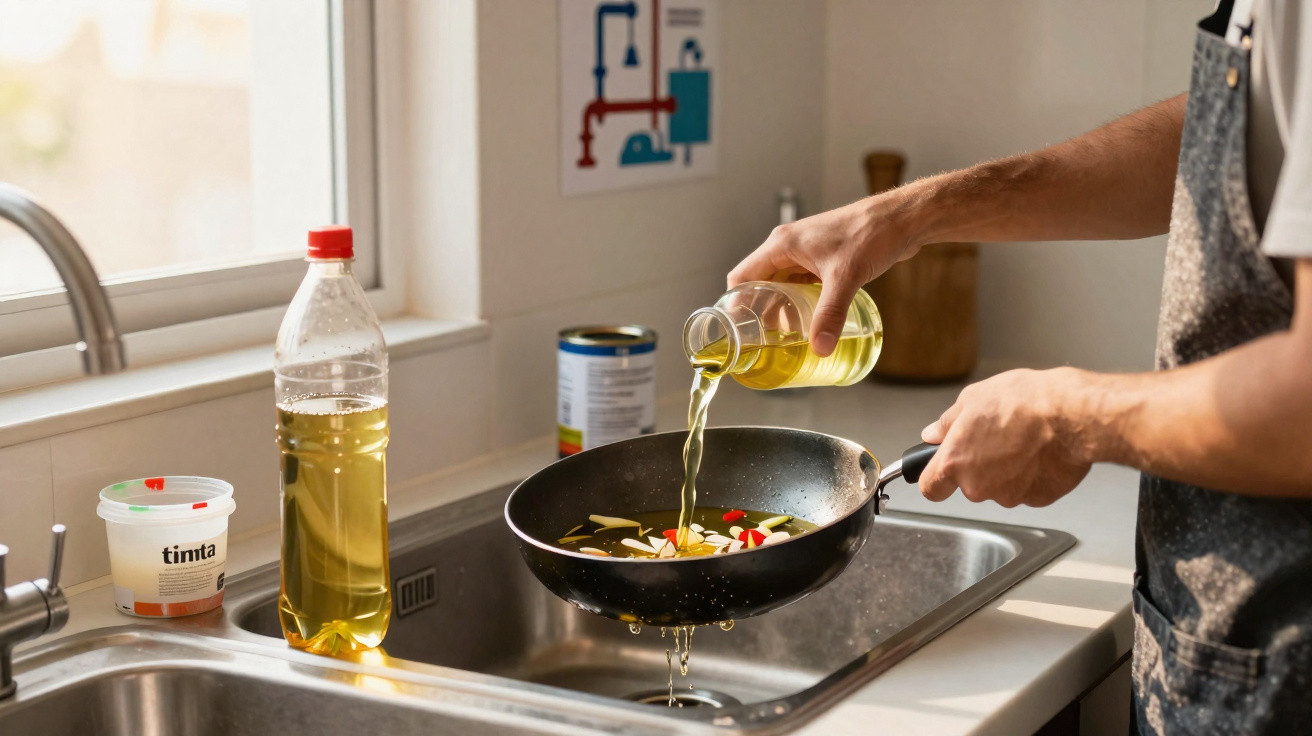 Pessoa a deitar azeite numa frigideira com legumes numa cozinha moderna junto à pia.