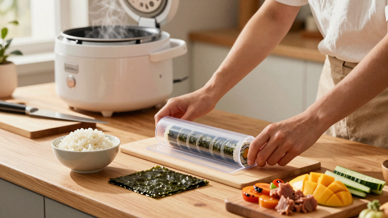 Pessoa a preparar sushi numa bancada com arroz, algas, manga e outros ingredientes frescos.