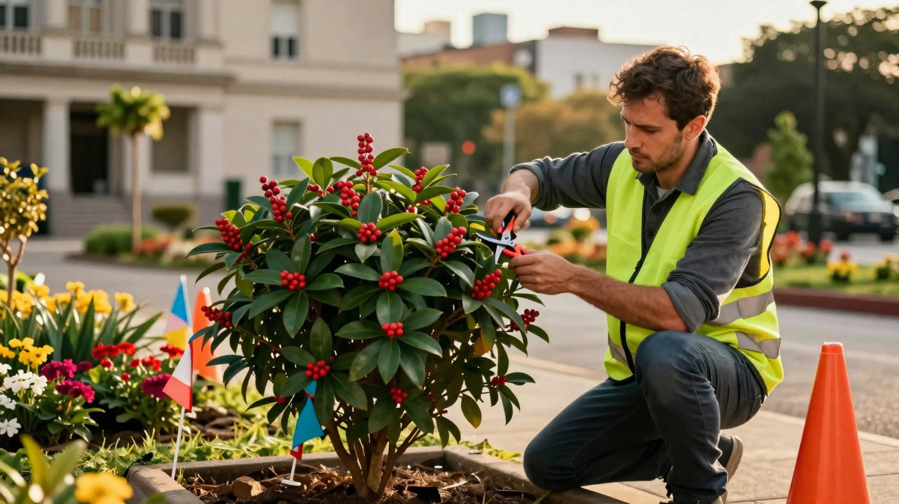 Homem com colete refletor a podar plantas com bagas vermelhas num jardim urbano ao ar livre.