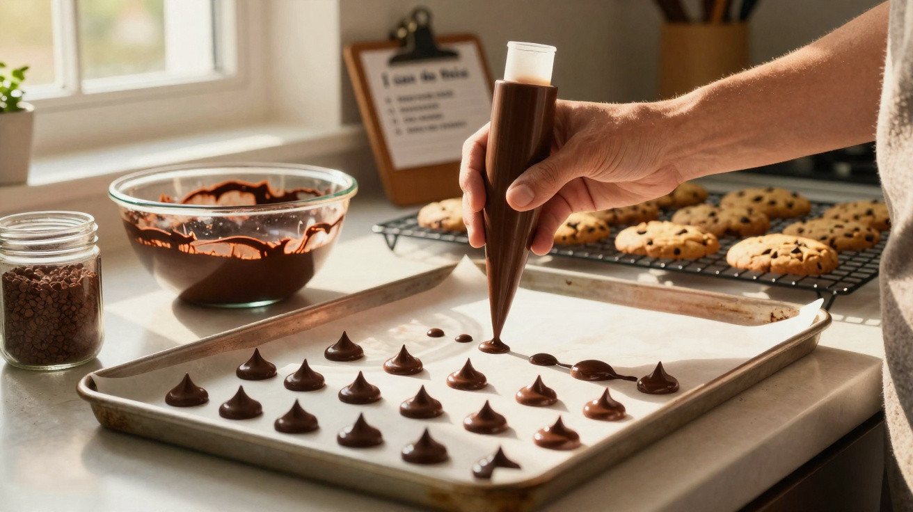 Pessoa a colocar gotas de chocolate num tabuleiro forrado com papel vegetal, com bolachas no forno ao fundo.