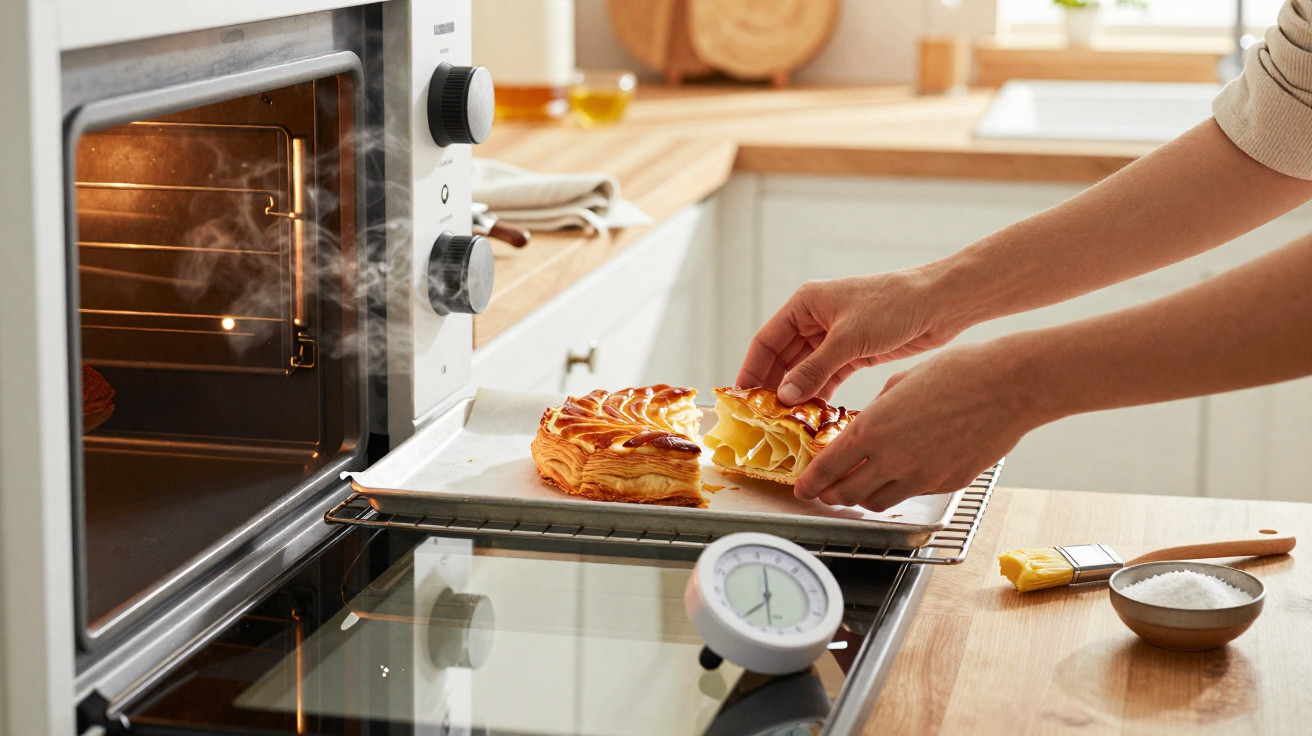 Mãos a retirar folhado dourado acabado de sair do forno numa cozinha luminosa e organizada.