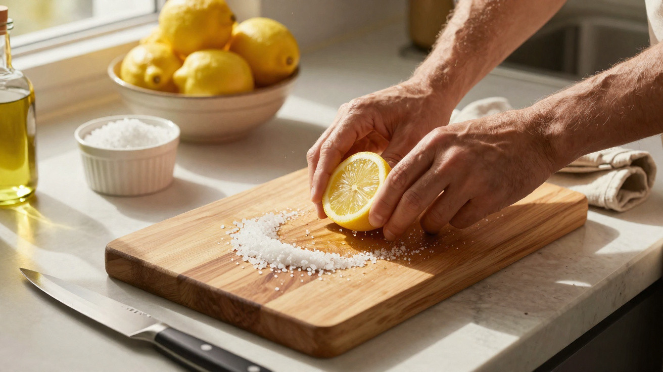 Mãos a espremer meio limão sobre salt grosso numa tábua de madeira em cozinha iluminada.