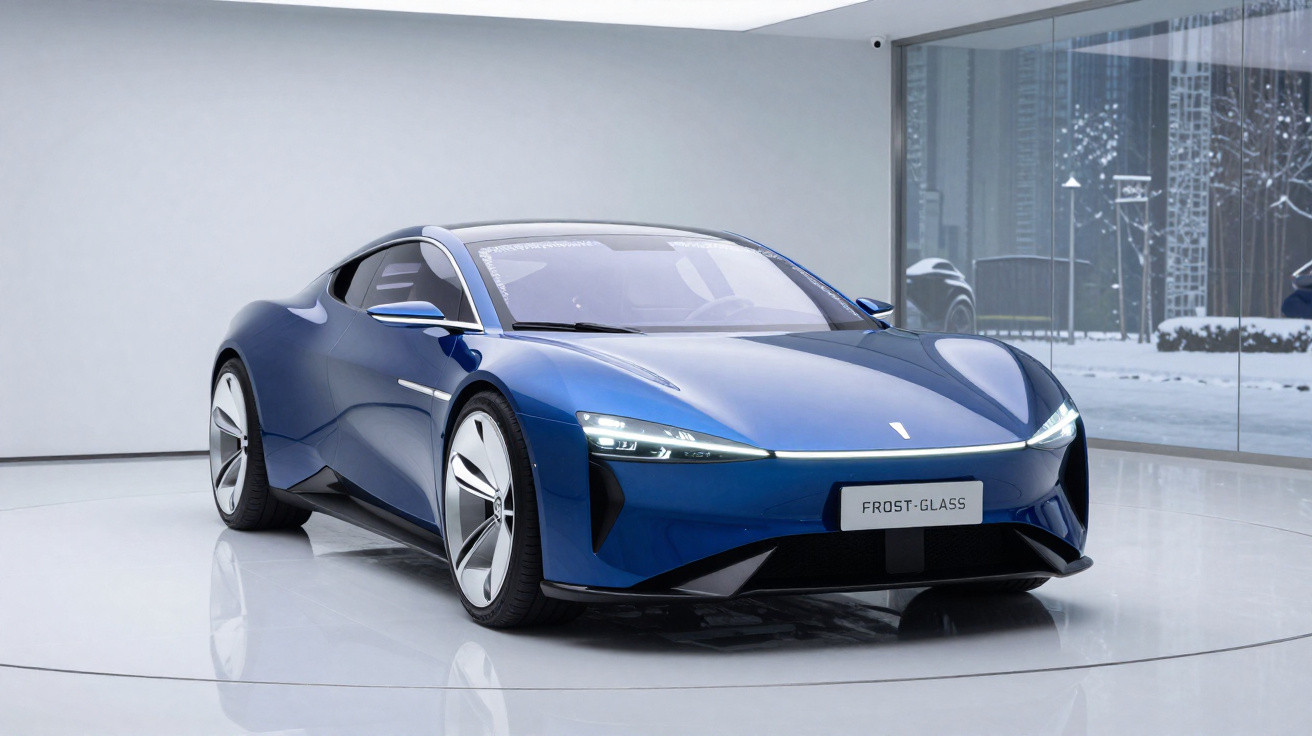 Carro desportivo elétrico azul com design moderno exibido numa sala branca com janelas de vidro.