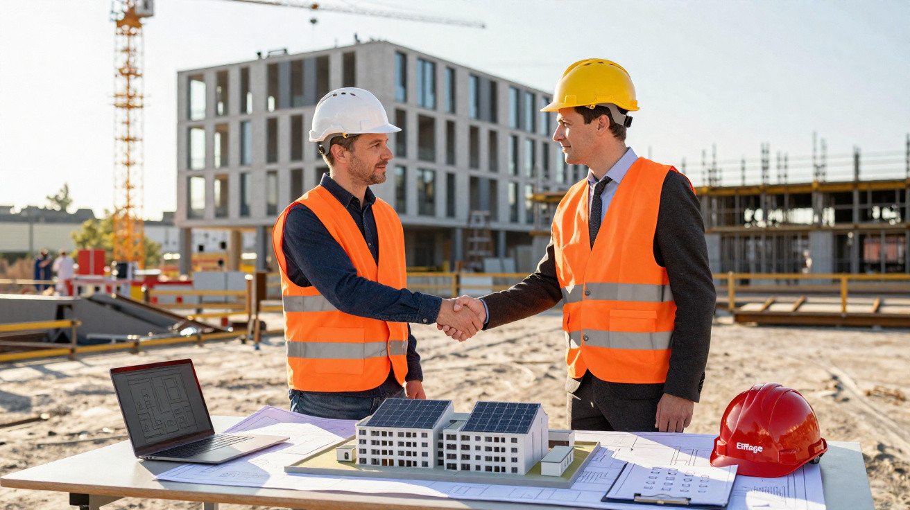 Dois engenheiros com coletes e capacetes a cumprimentar-se numa obra de construção civil com maqueta e laptop numa mesa.