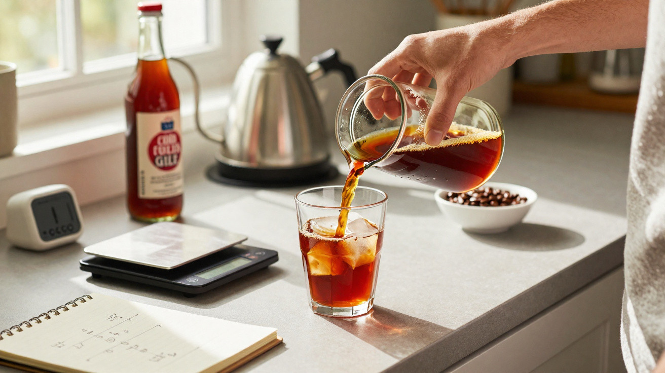 Pessoa a servir café gelado num copo com cubos de gelo numa cozinha luminoso.
