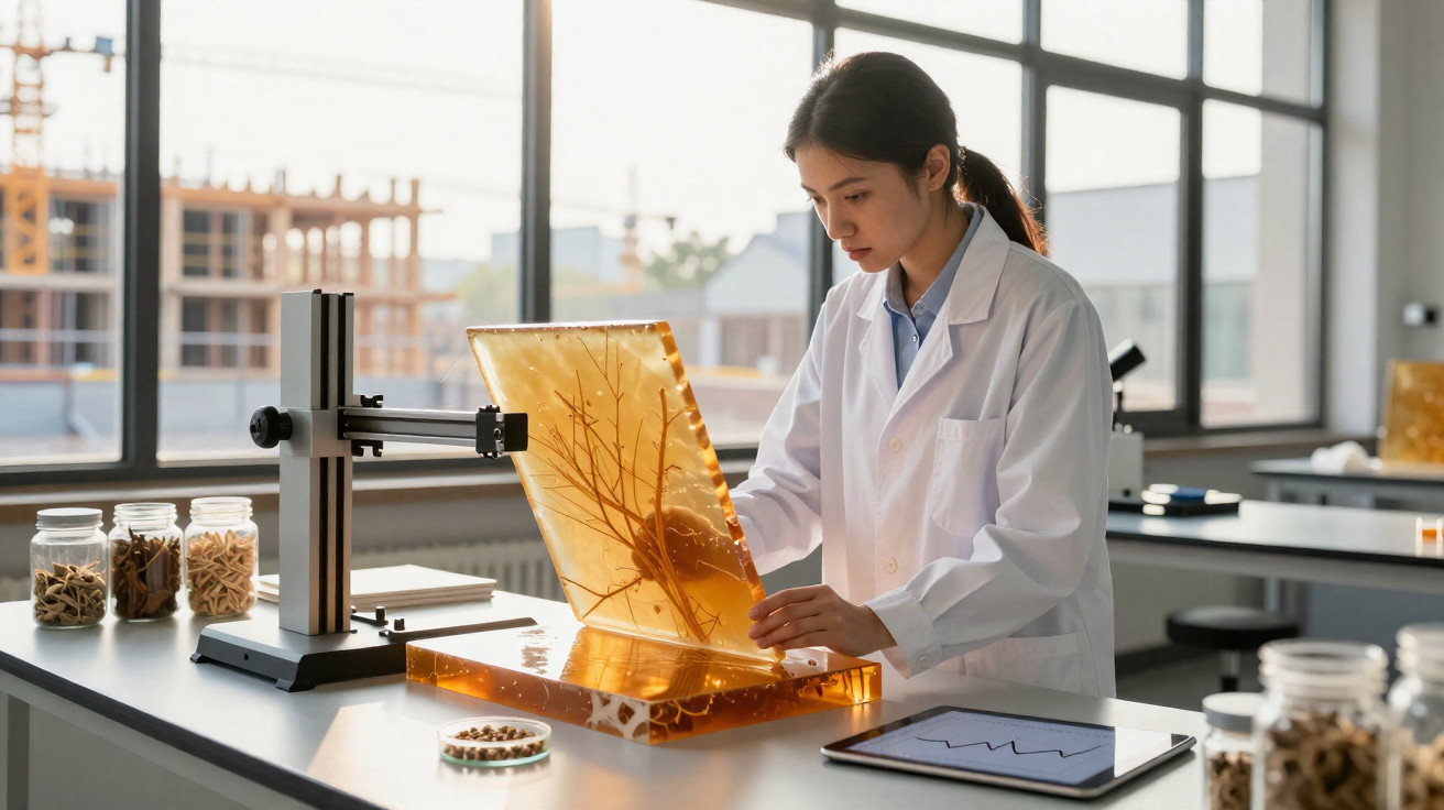 Cientista com bata branca examina amostra de planta em resina âmbar num laboratório luminoso e moderno.