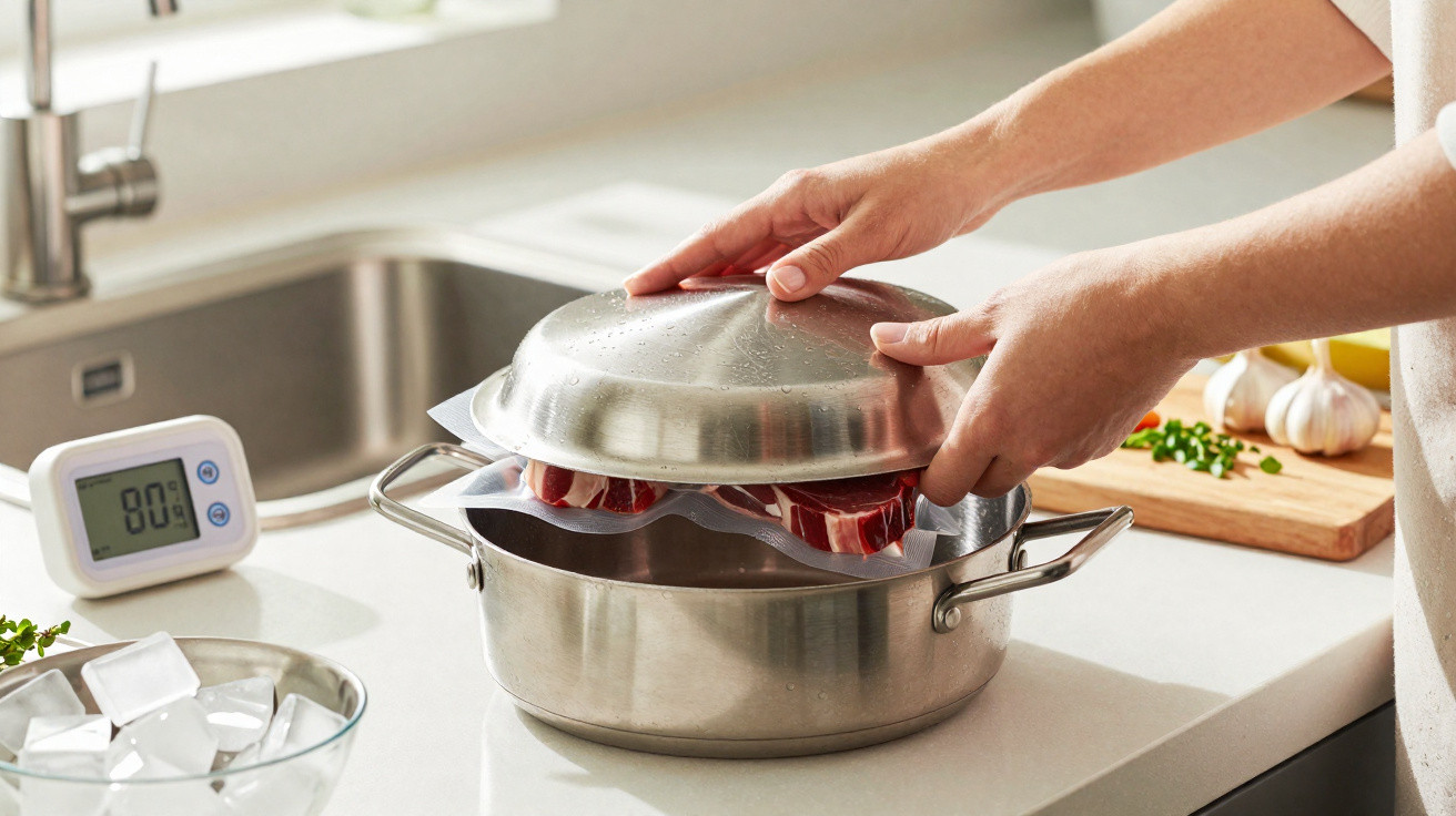 Mãos a tapar tacho de inox com tampa, dentro fatias de carne e temporizador digital na bancada.