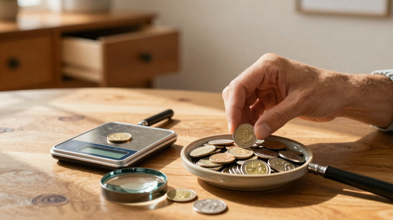 Mão a pegar moeda num prato com várias moedas, balança digital e lupa numa mesa de madeira.