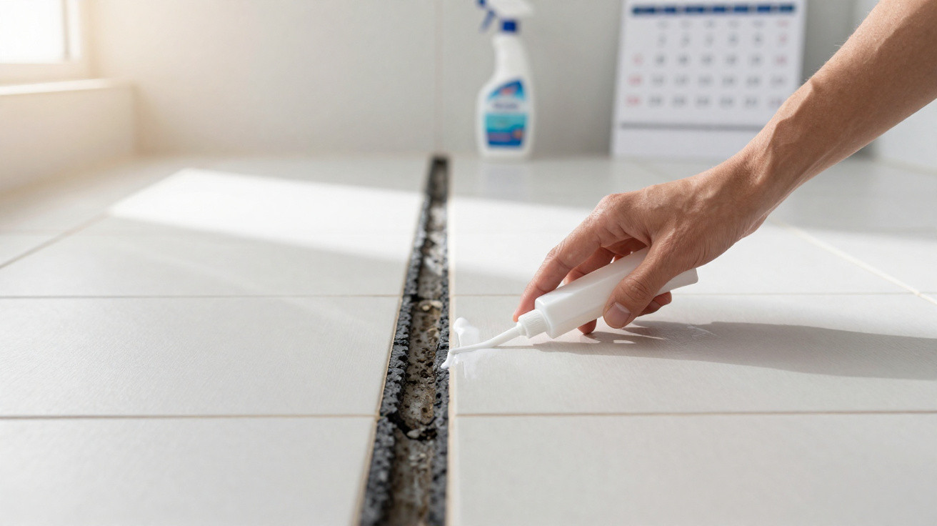 Mão a aplicar selante branco numa rachadura entre azulejos no chão, com produtos de limpeza ao fundo.