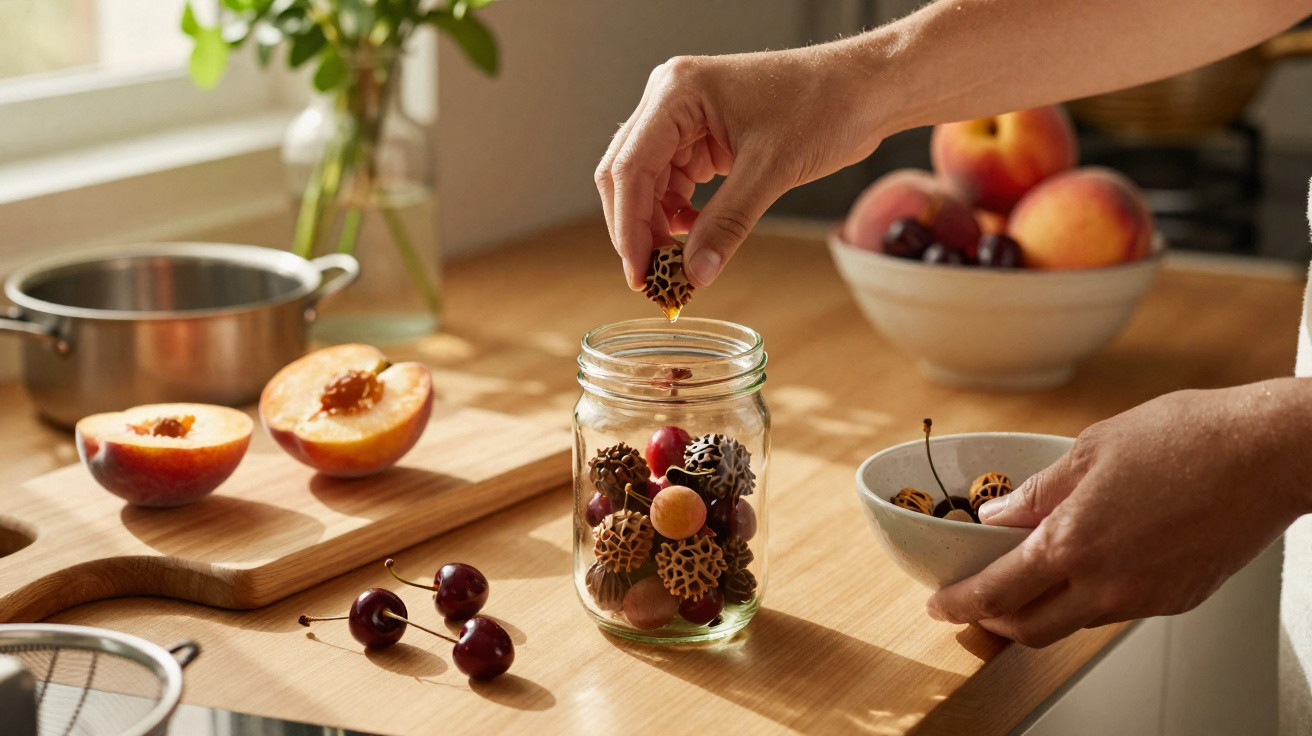 Mãos a colocar fruta em frasco de vidro numa cozinha com pêssegos e cerejas na bancada iluminada.