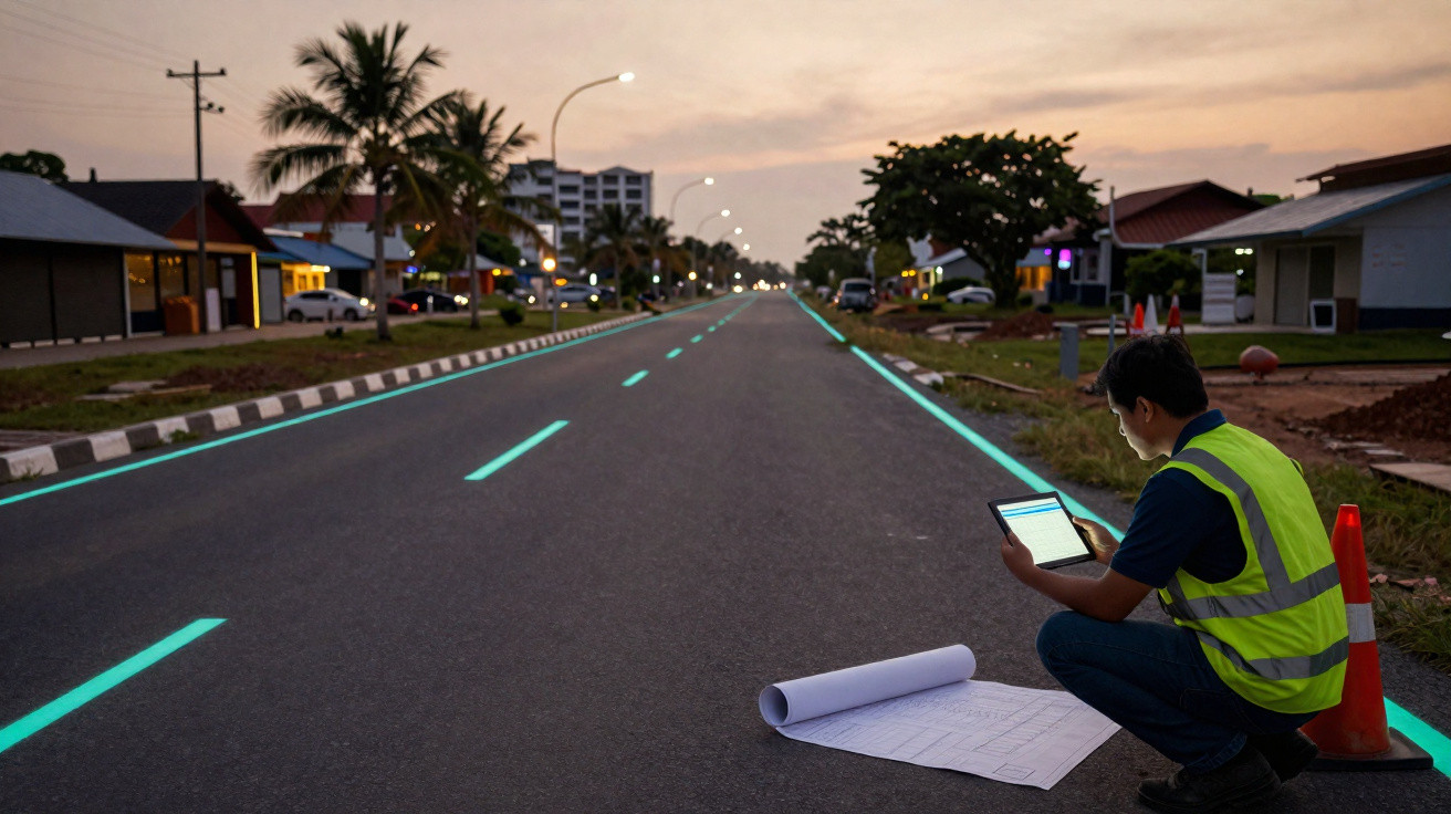 Homem com colete refletor analisa planta e tablet junto a estrada urbana ao pôr do sol.