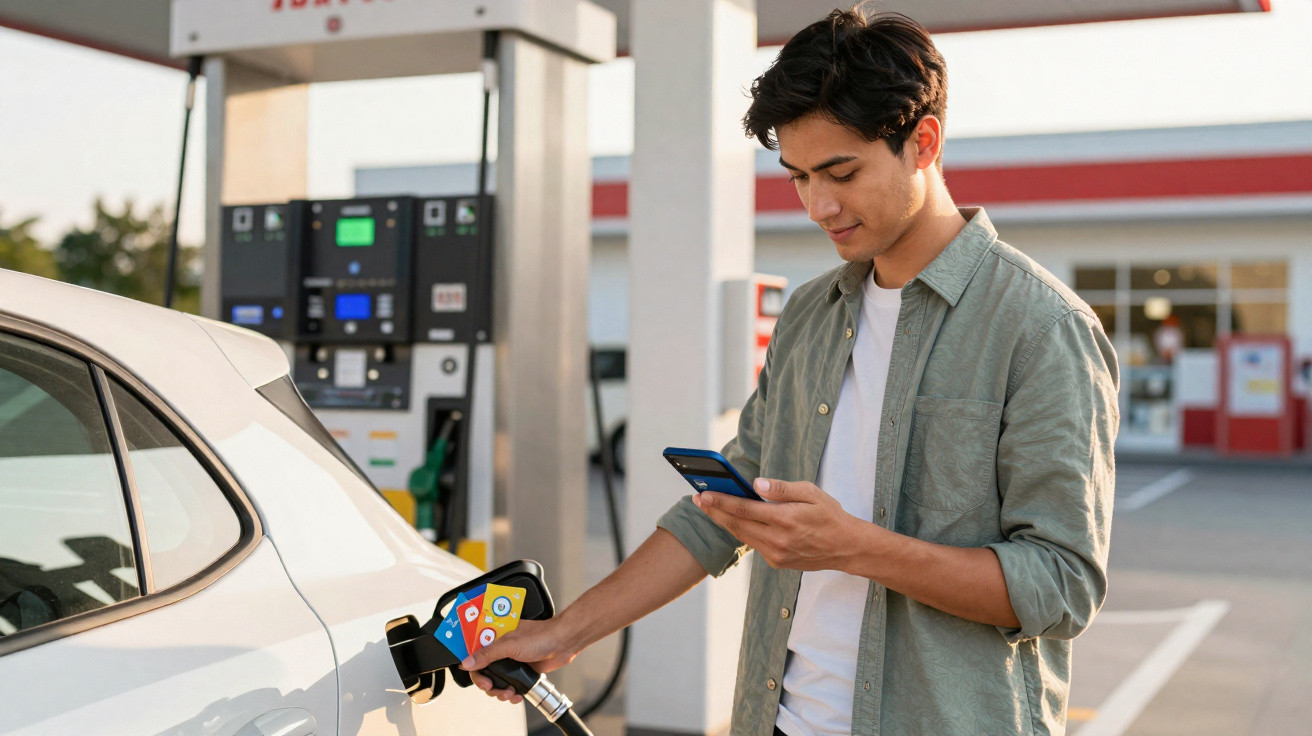 Homem a abastecer carro num posto de gasolina enquanto olha para o telemóvel.