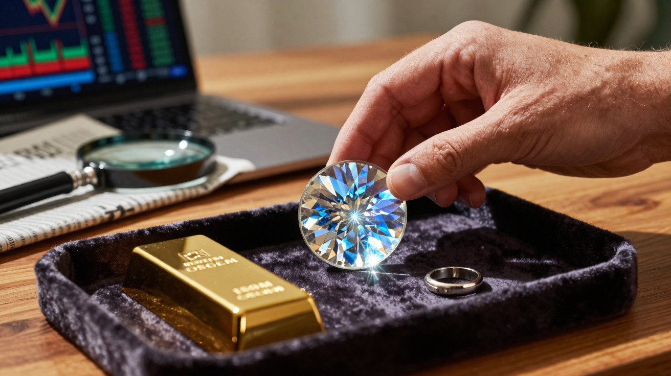 Mão segurando diamante falso em bandeja com barra de ouro, anel e laptop com gráfico financeiro ao fundo.