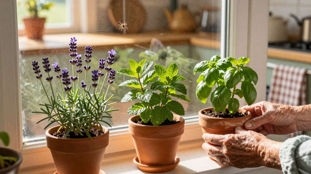 Mãos de idoso a colocar vaso com manjericão na janela, ao lado de vasos com lavanda e hortelã.