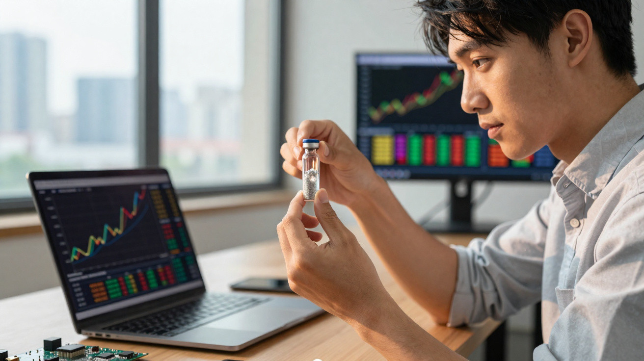 Homem analisa frasco de medicamento com gráficos financeiros em ecrãs de computador ao fundo.