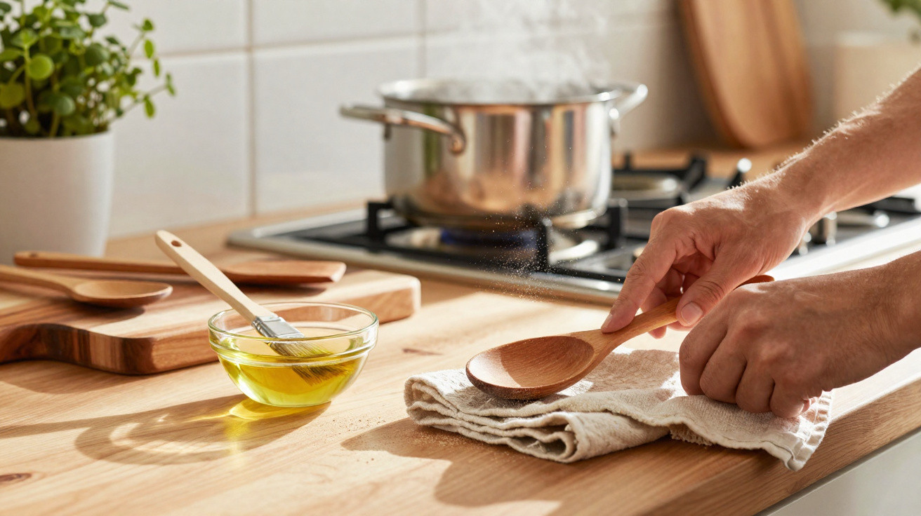 Mãos a limpar colher de madeira com pano na cozinha, com tacho a cozinhar e tigela com óleo na bancada.