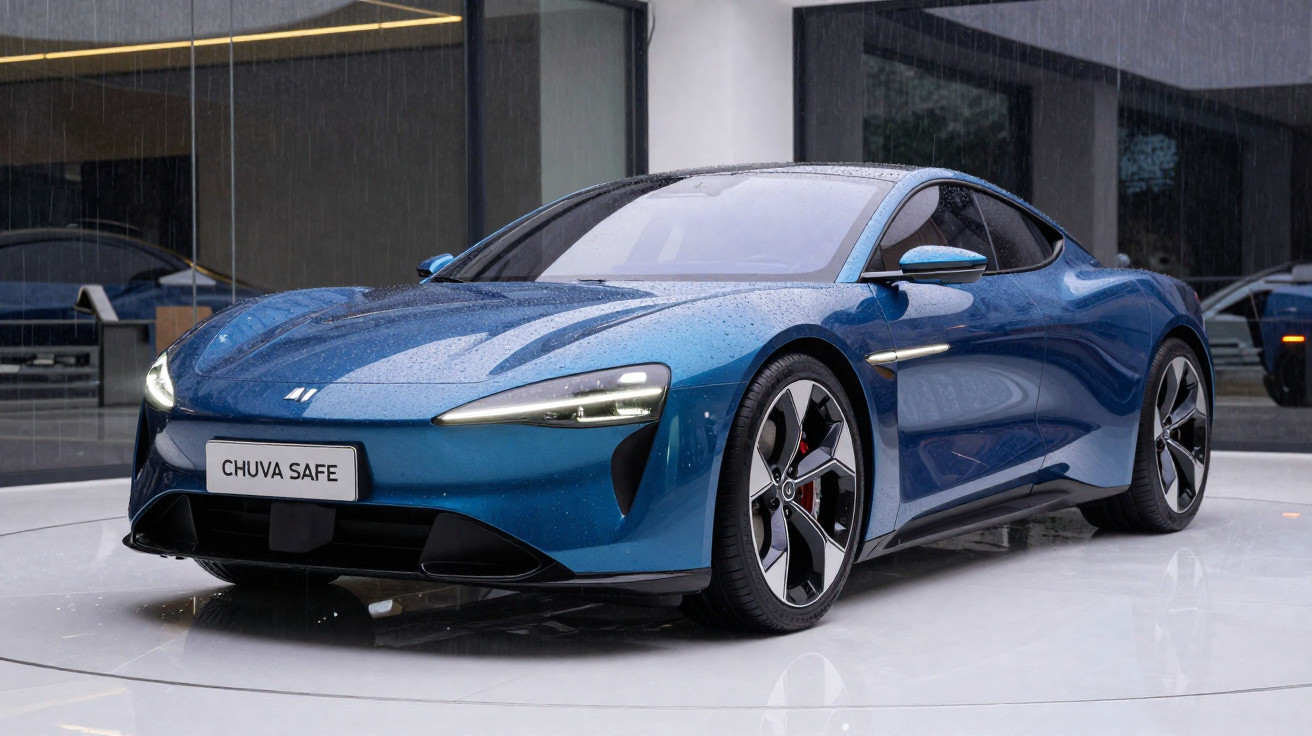 Carro desportivo azul brilhante estacionado, com gotas de chuva visíveis na superfície e faróis ligados.
