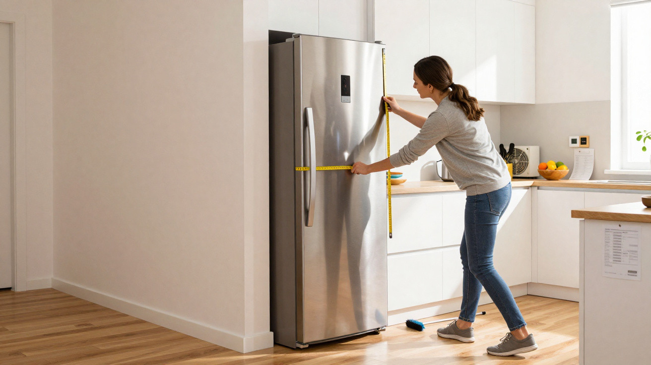 Mulher a medir as dimensões de um frigorífico inox numa cozinha branca com chão de madeira.