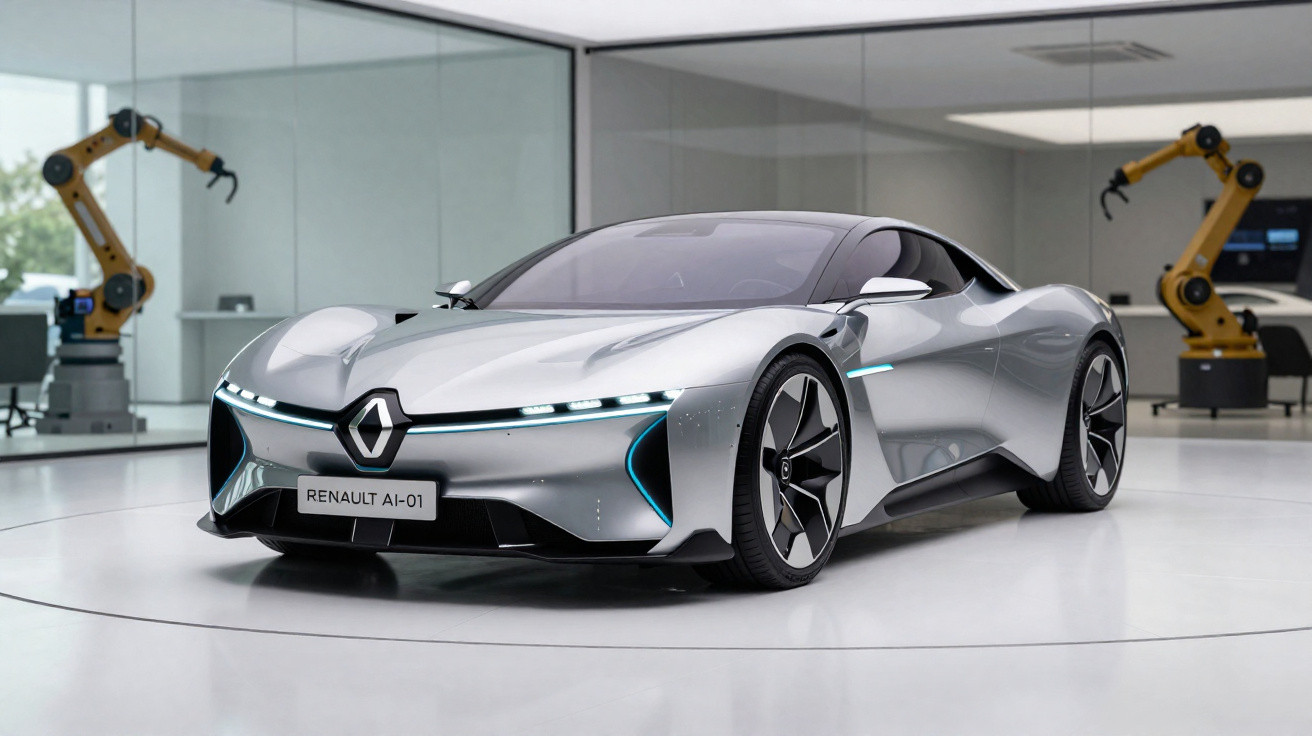 Carro desportivo elétrico prateado Renault AI-01 numa exposição moderna com braços robóticos ao fundo.