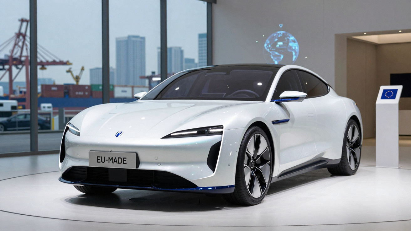 Carro elétrico branco moderno exposto numa sala com grandes janelas e vista para contentores portuários.