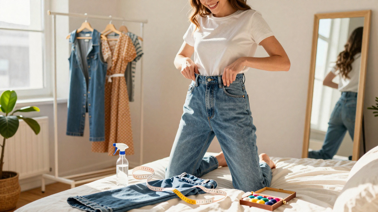 Mulher feliz a experimentar jeans numa cama, com roupas, fita métrica e caixa de linhas coloridas à sua frente.